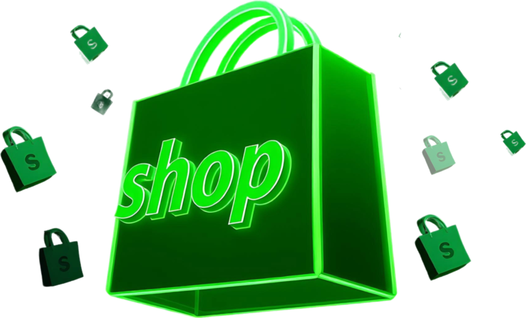 3d render shopify logo carved from translucent green polymer floating steadily neon green outlines (1)