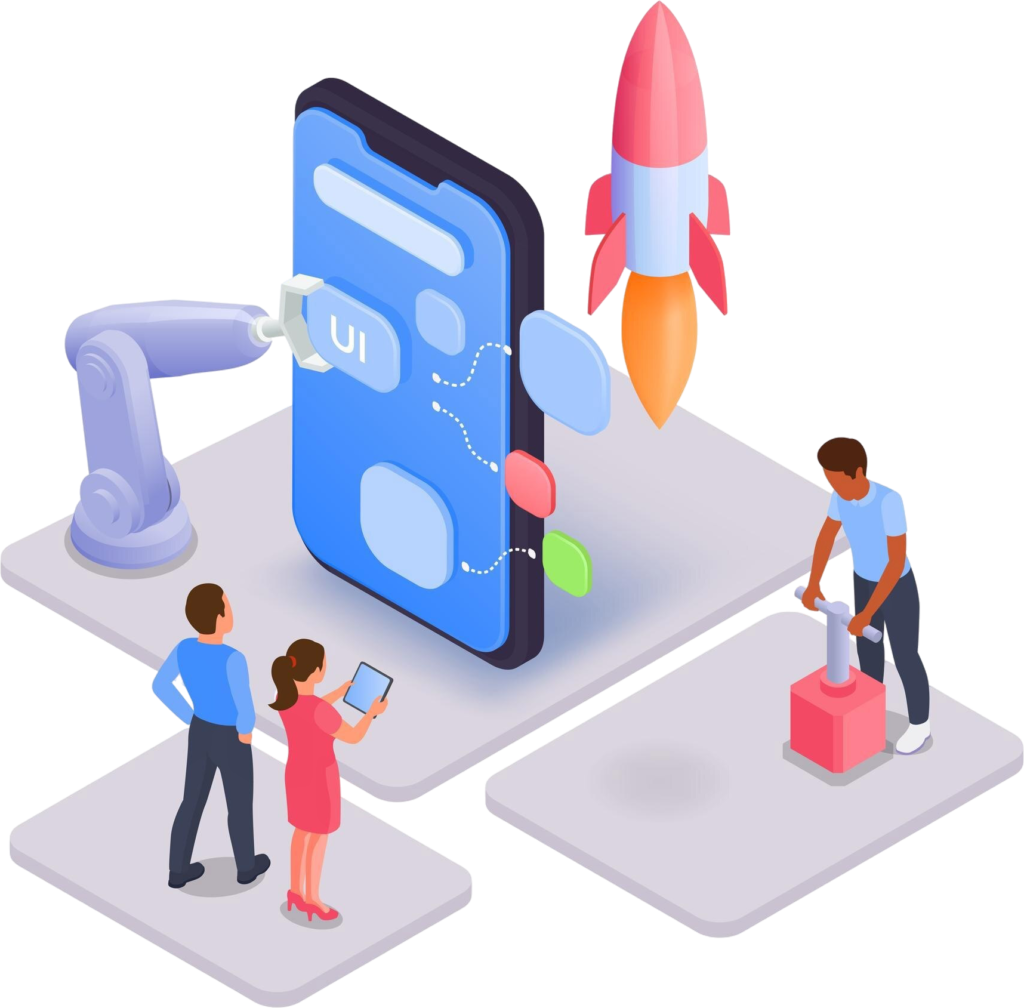mobile app development isometric composition with human characters robotic arm smartphone platforms with rocket vector illustration (1)