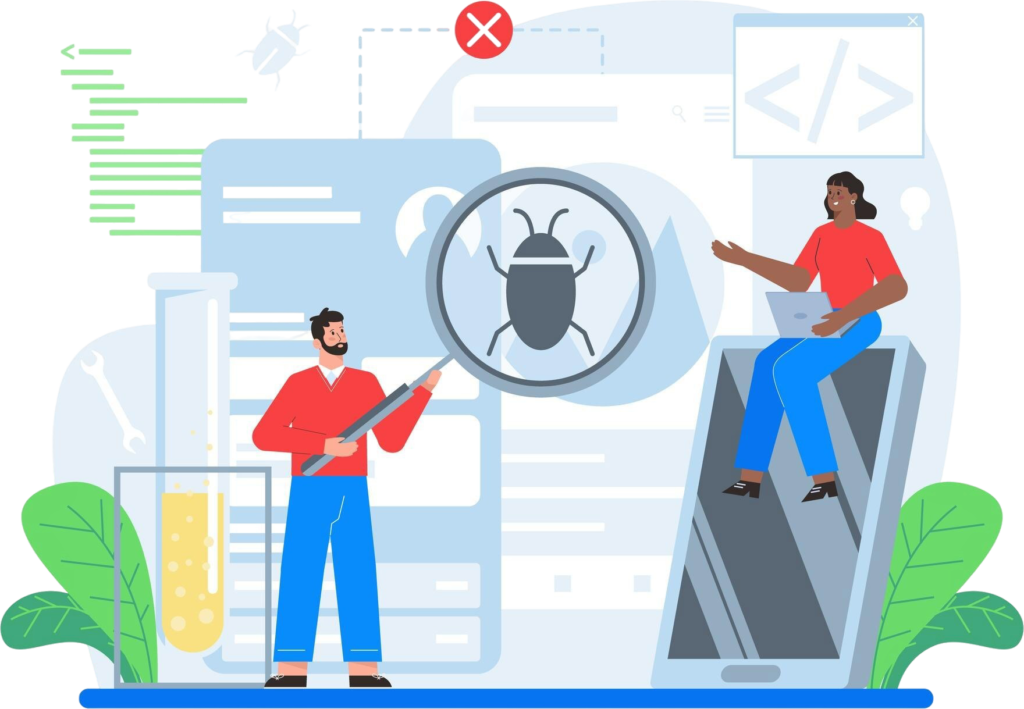 software testing concept application website code test process it specialist searching bugs idea computer technology digital analysis vector illustration cartoon style (1)